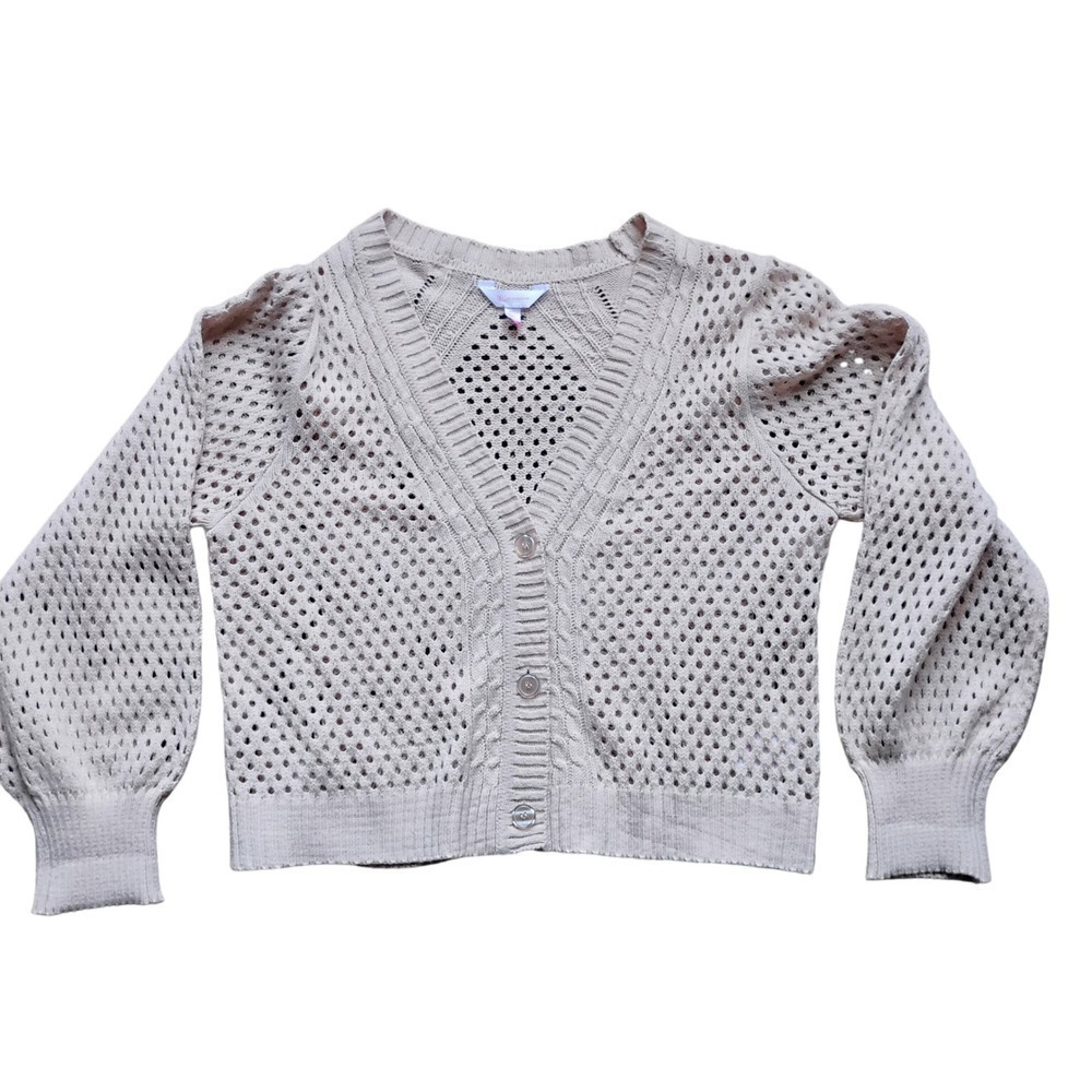 Crochet Knit Cardigan‎ Balloon Sleeves Open Weave Lightweight Sweater